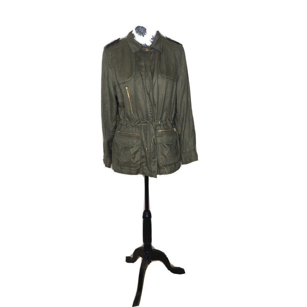 KOOKAI Sz 42 US 8 Olive Green Linen Utility Military Zip Jacket Coat Cinch